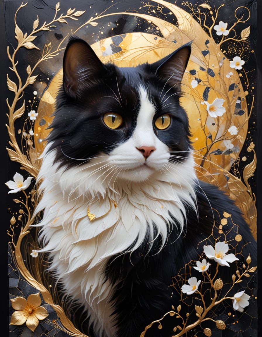 Surreal Norwegian Cat with Duckling in Kintsugi Style