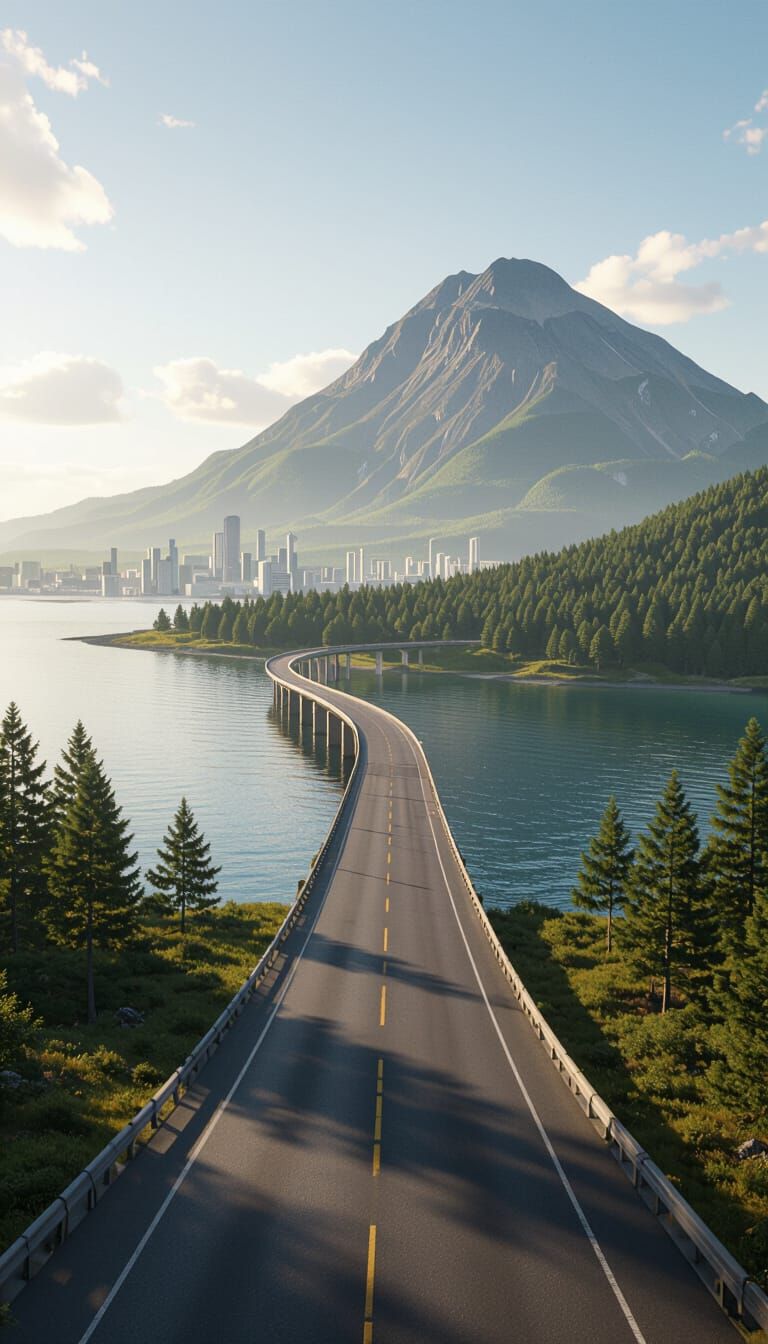 Dreamlike Daytime Landscape with Mountain and Bridge