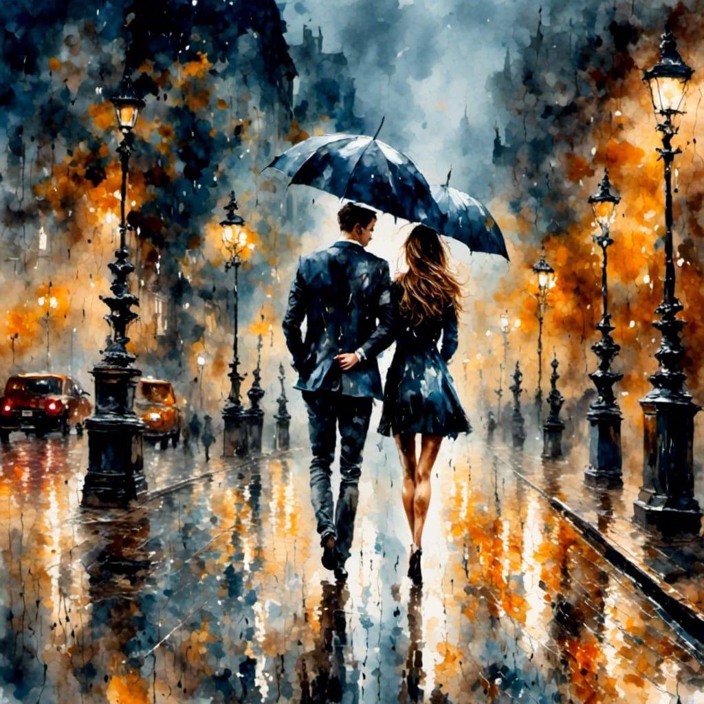 Couple in Rainy London Street: Antique Watercolor Style