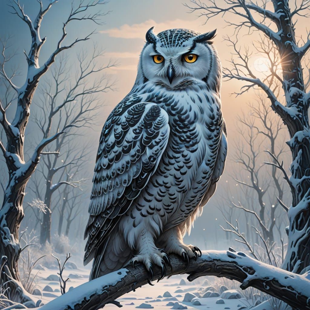 Magical Winter Snowscape with Ethereal Owls in Digital Paint...