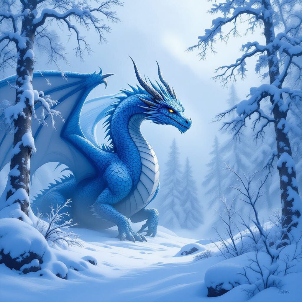Majestic Dragon in a Blue Winter Landscape