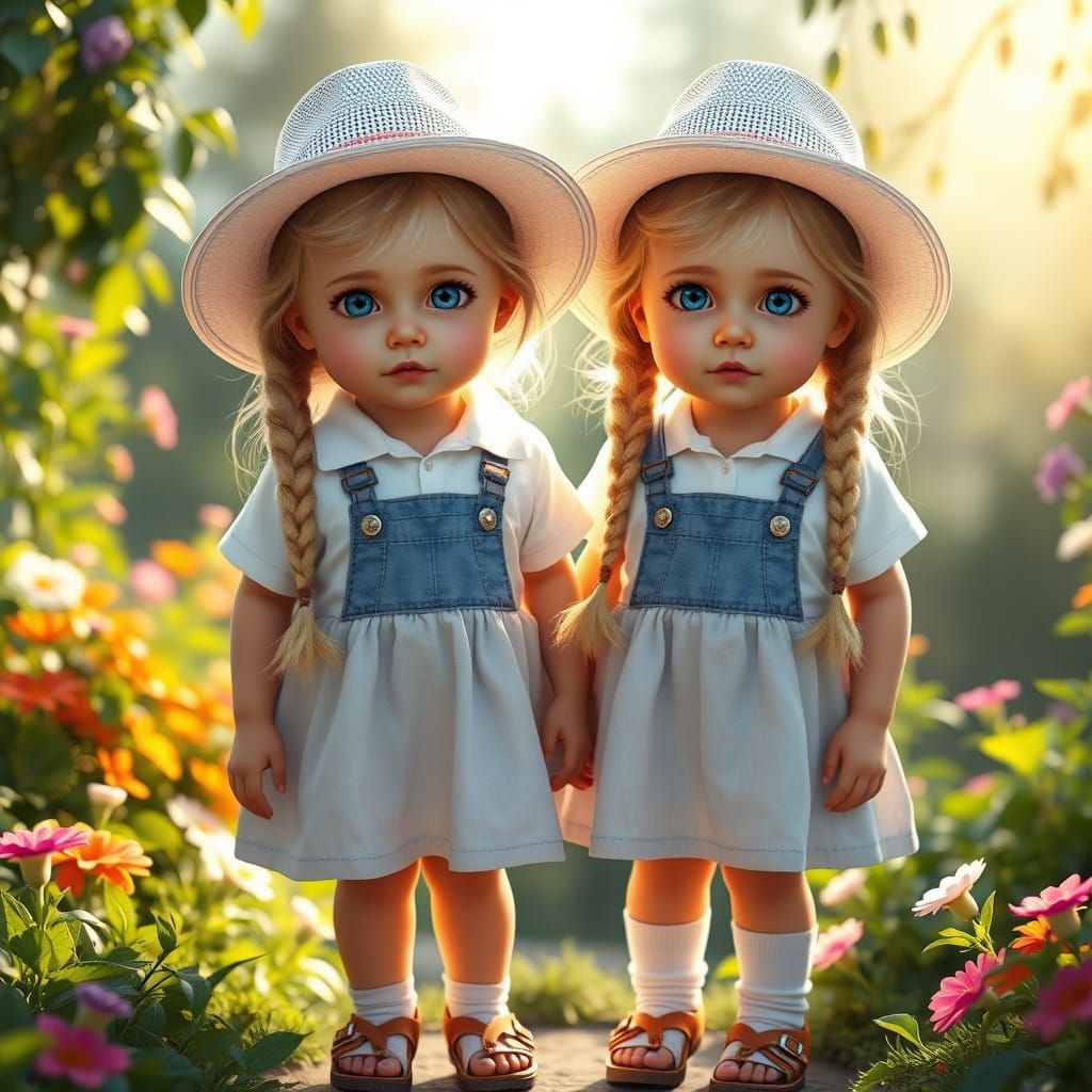 Twin Girls in Dreamlike Garden: Fantasy Concept Art