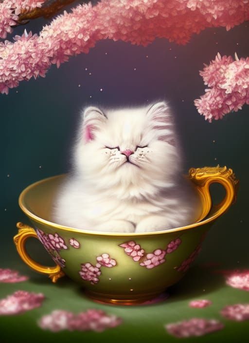 Cute Kitten Napping in Teacup with Cherry Blossoms