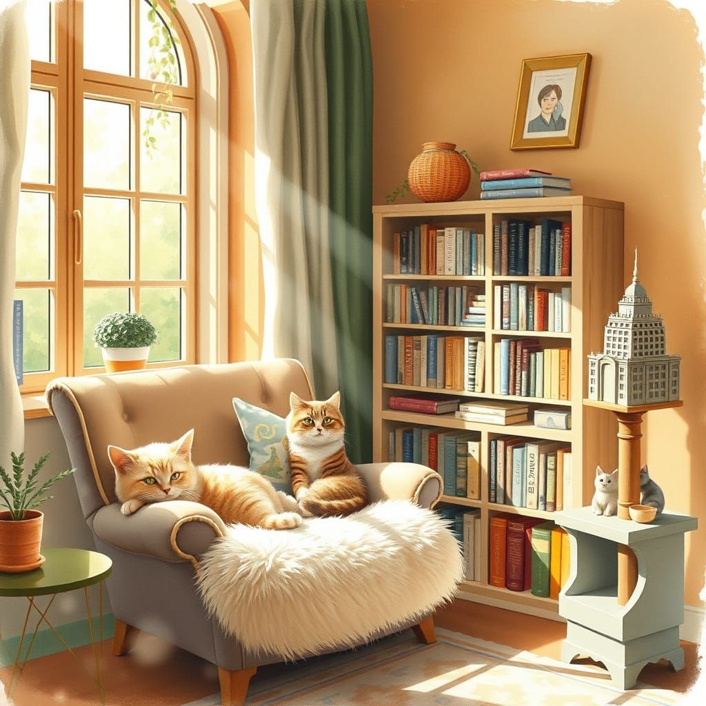 Cozy Cat Lover's Reading Nook in Impressionist Style