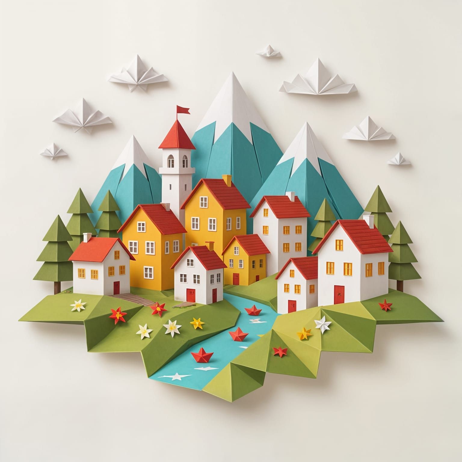Origami Style Village Scene