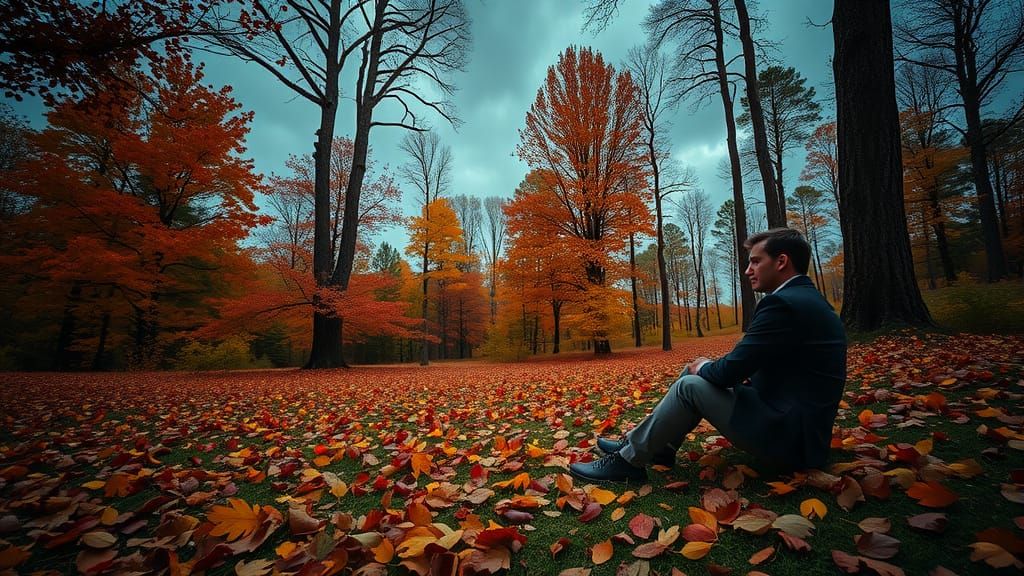 Man in Suit Beside Vibrant Forest Floor at Twilight