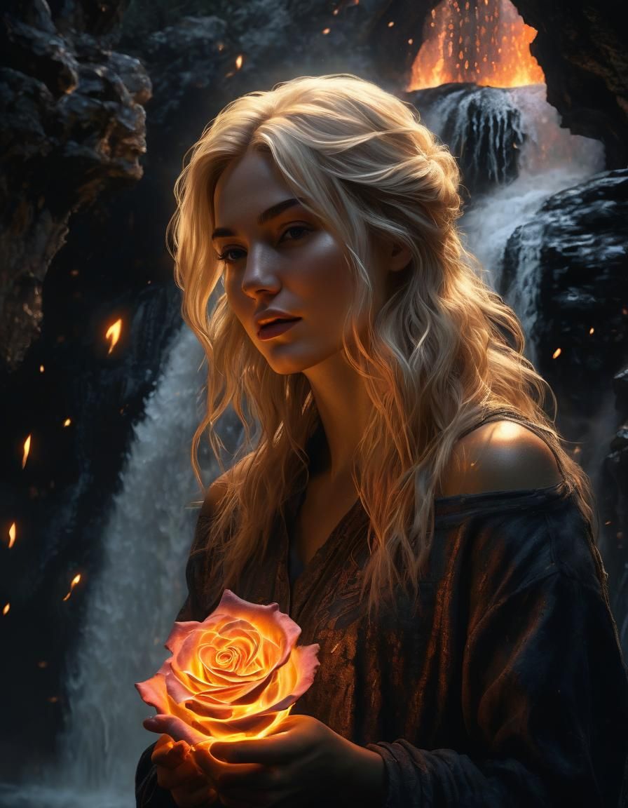 Glowing Rose Held by Woman Near Waterfall
