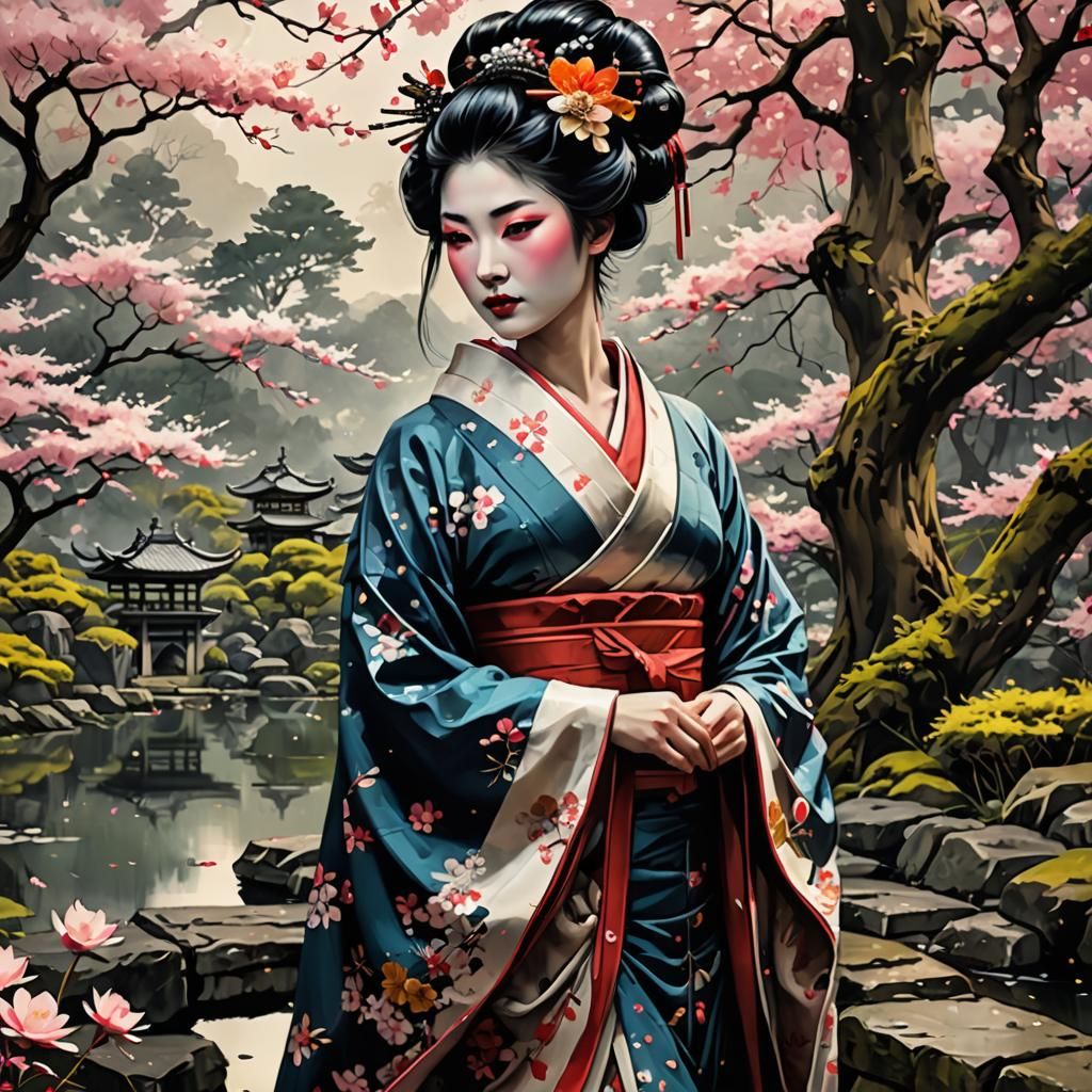 Geisha in Cherry Blossom Garden: Japanese Ink Painting
