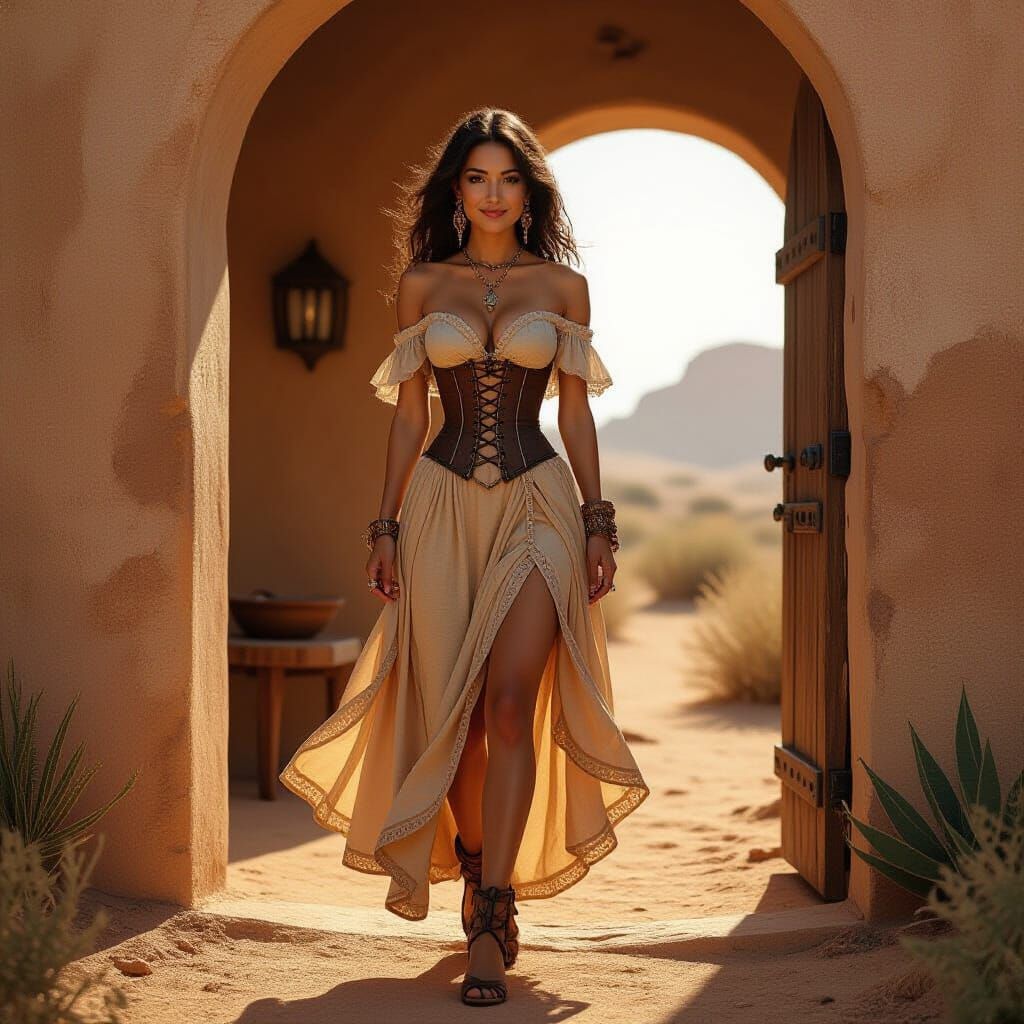 Retrofuturistic Solarpunk Gothic Lady in Desert Abode