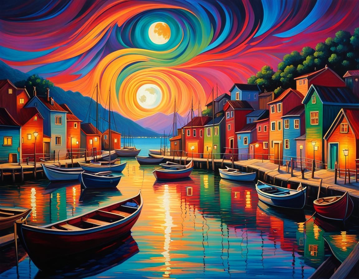 Vibrant Fishing Village at Dusk: Impressionist Pop Art