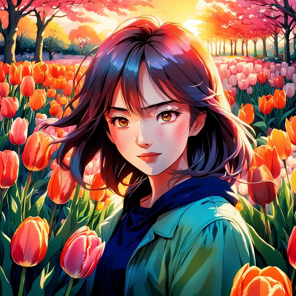 Anime Woman in Colorful Tulip Garden