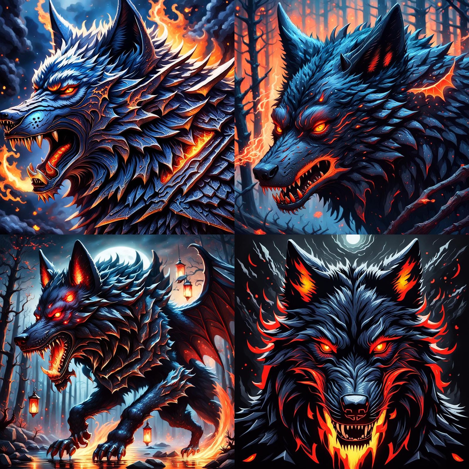 Fiery Black Demon Wolf with Bat Wings