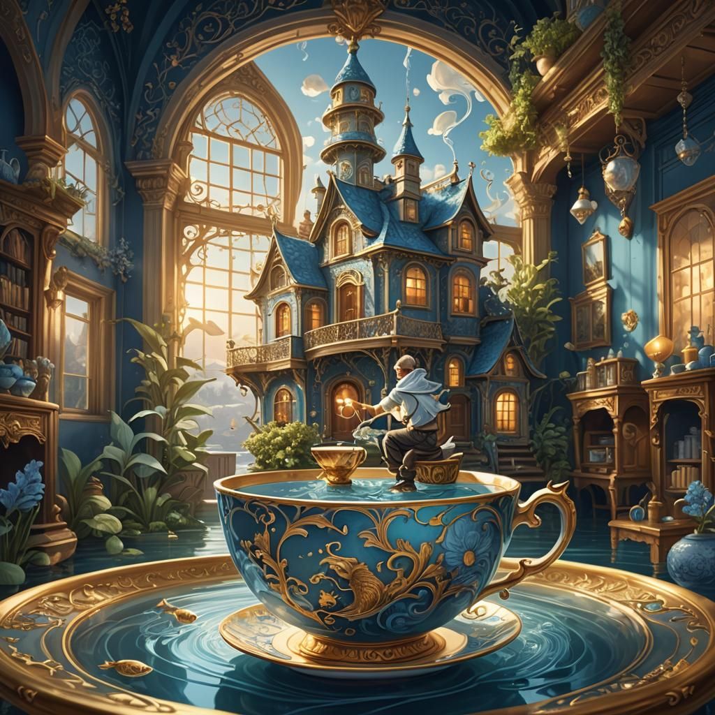 Man Fishing in Teacup House: Digital Art