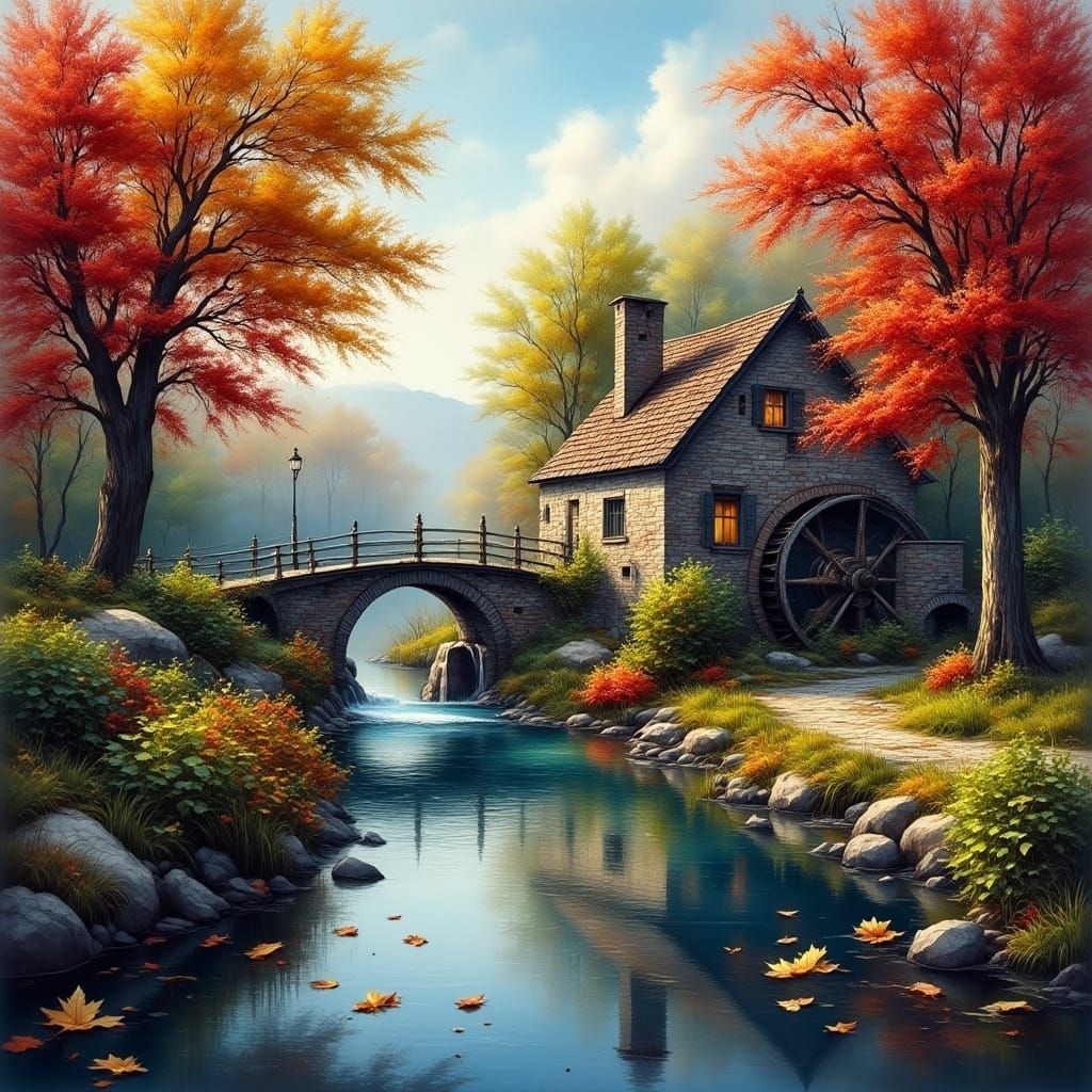 Enchanting German Classic Era River Scene with Spinning Wate...