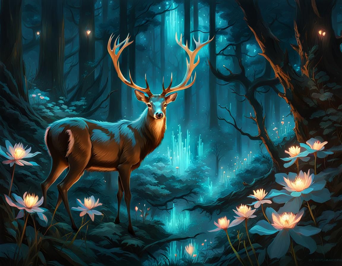 Bioluminescent Deer in Enchanted Forest