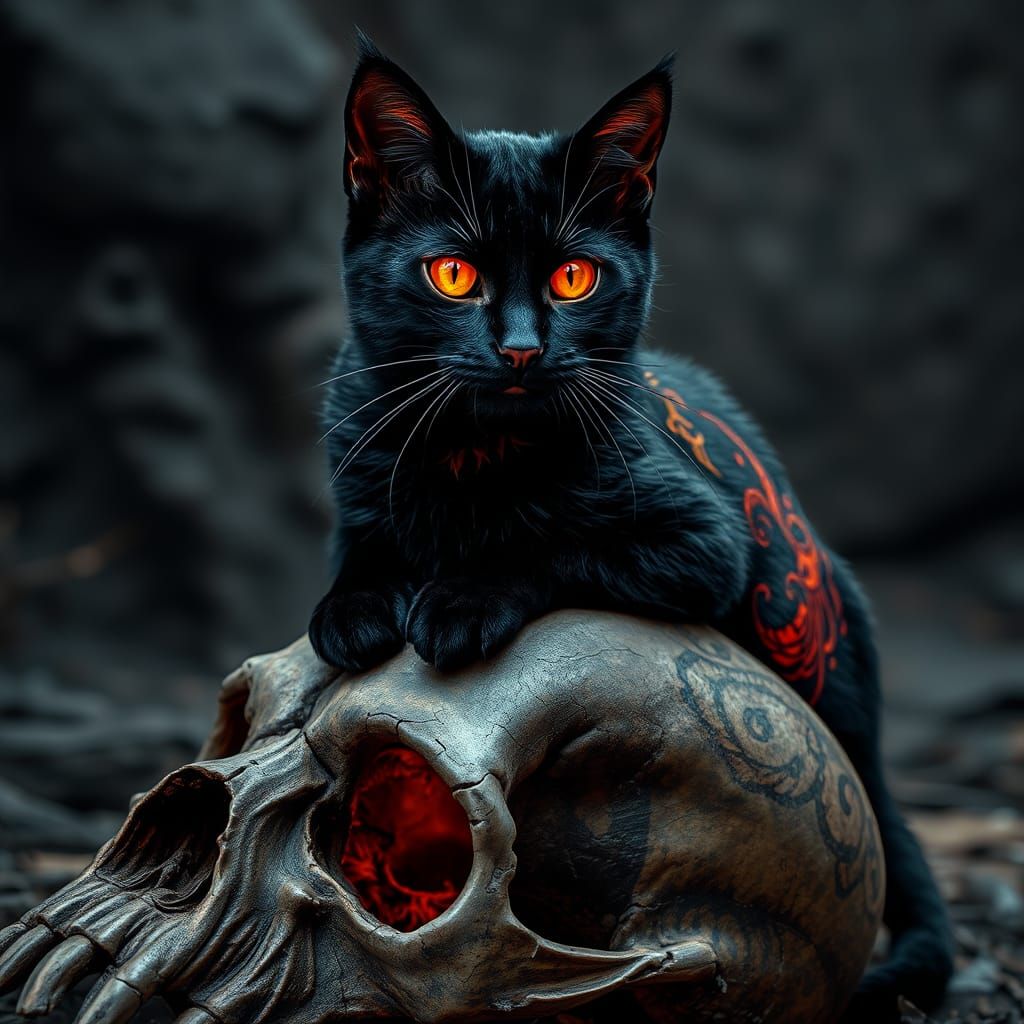 Gothic Cyberpunk Cat with Tattoos on Skull