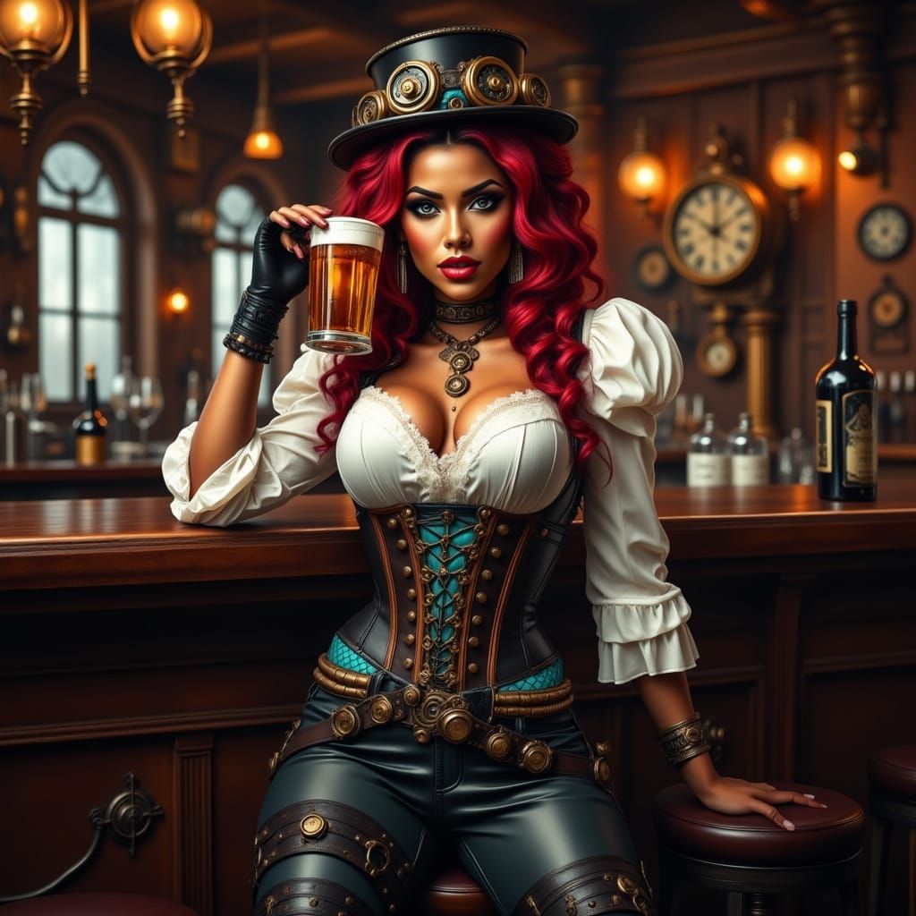 Steampunk Woman in Bar with Intricate Gear Corset