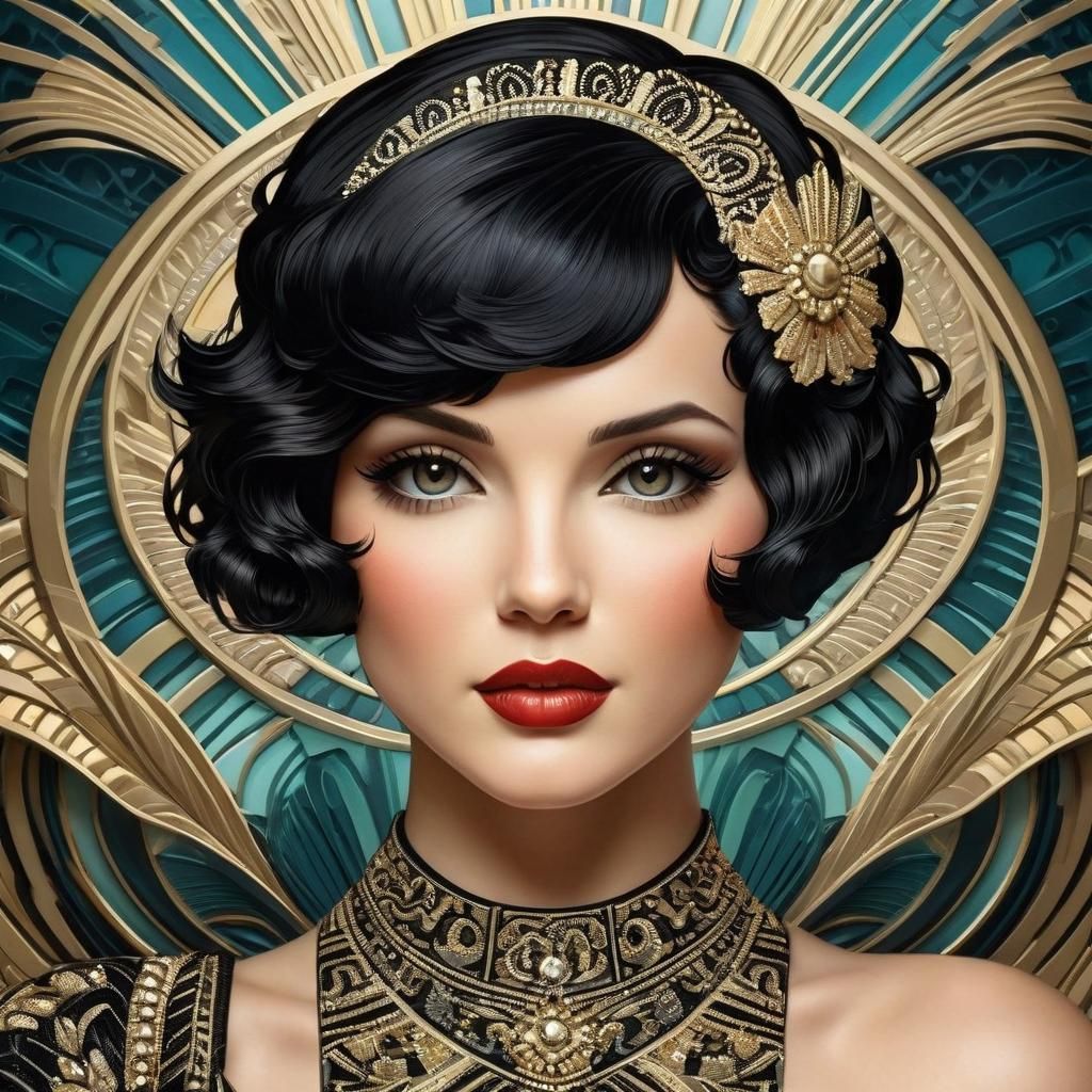 Art Deco Woman Portrait with Short Black Hair