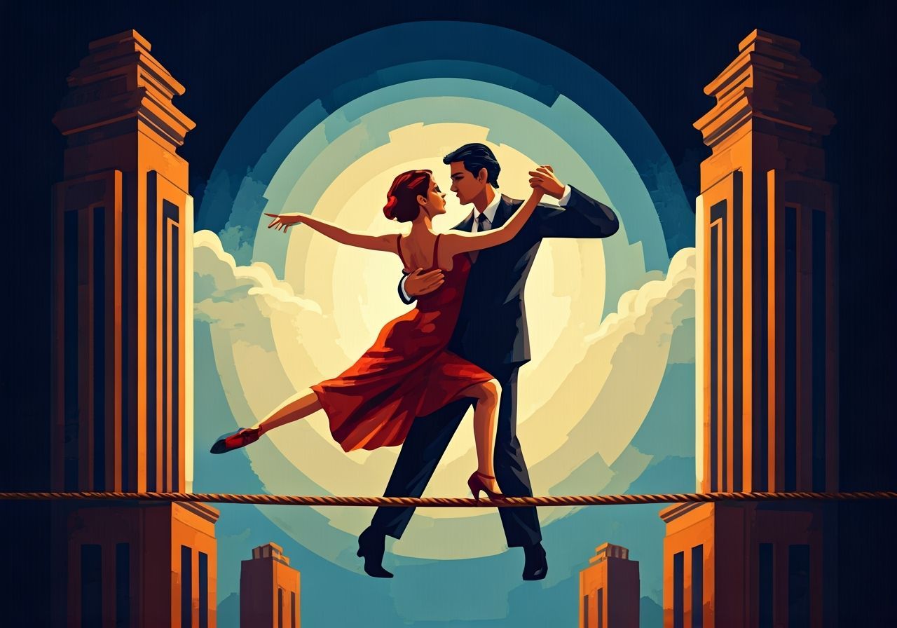 Tango Dancers on High Wire: Cubist Art Deco