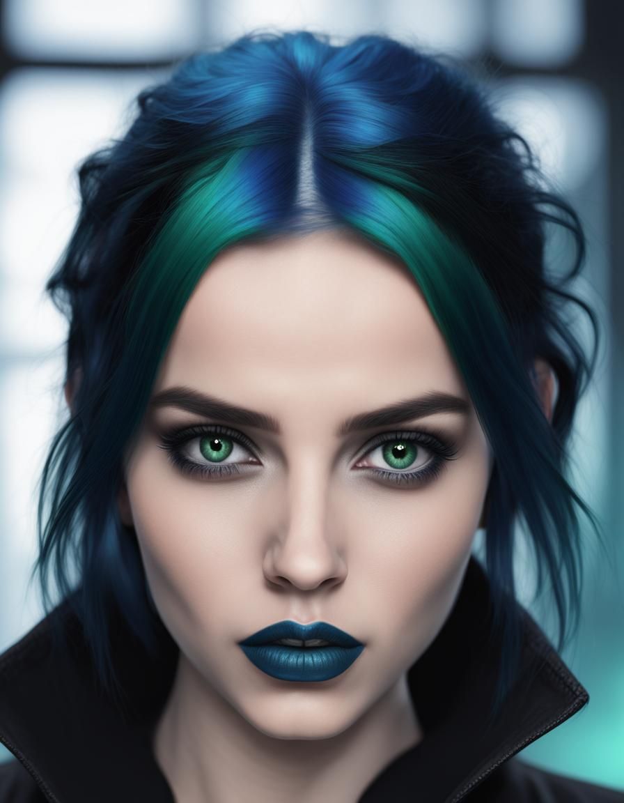 Ethereal gothic young with vibrant blue hair and green eyes&...