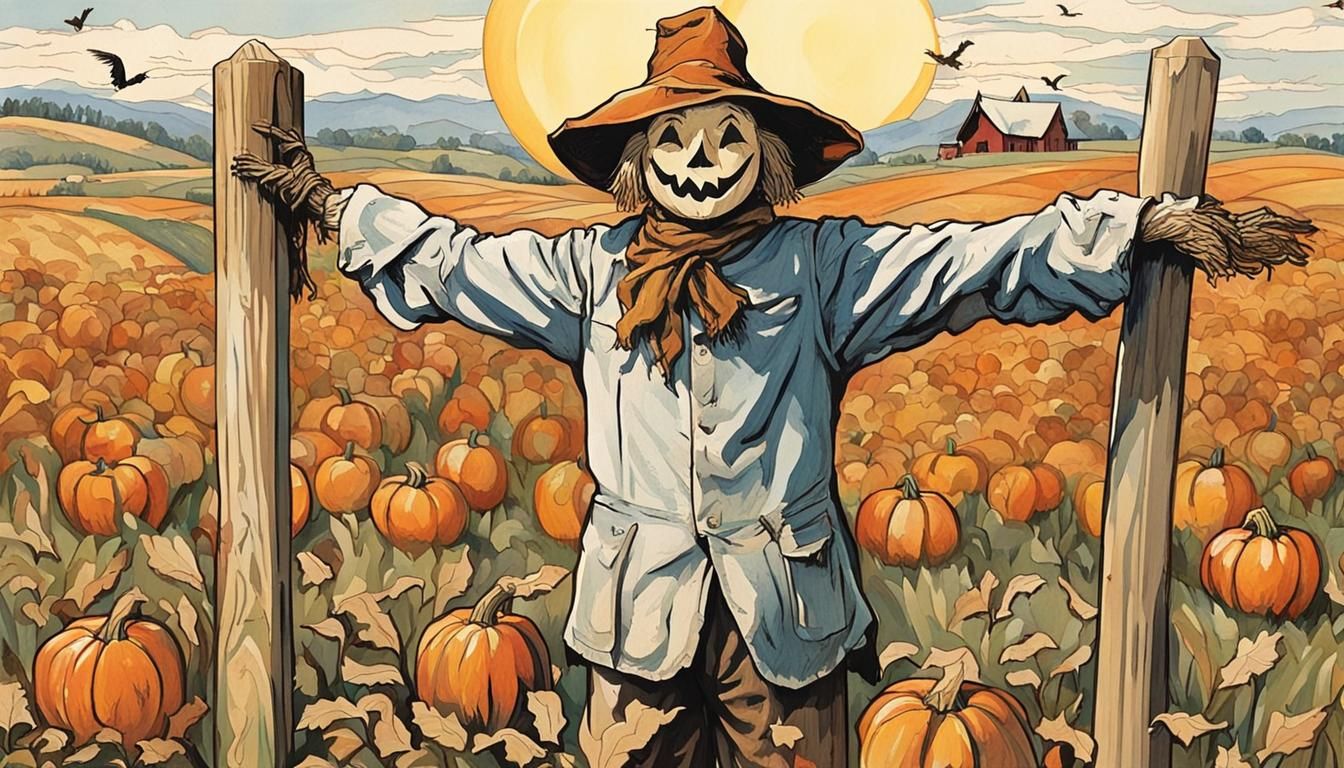 Happy Scarecrow in Field, Hand-Drawn Style