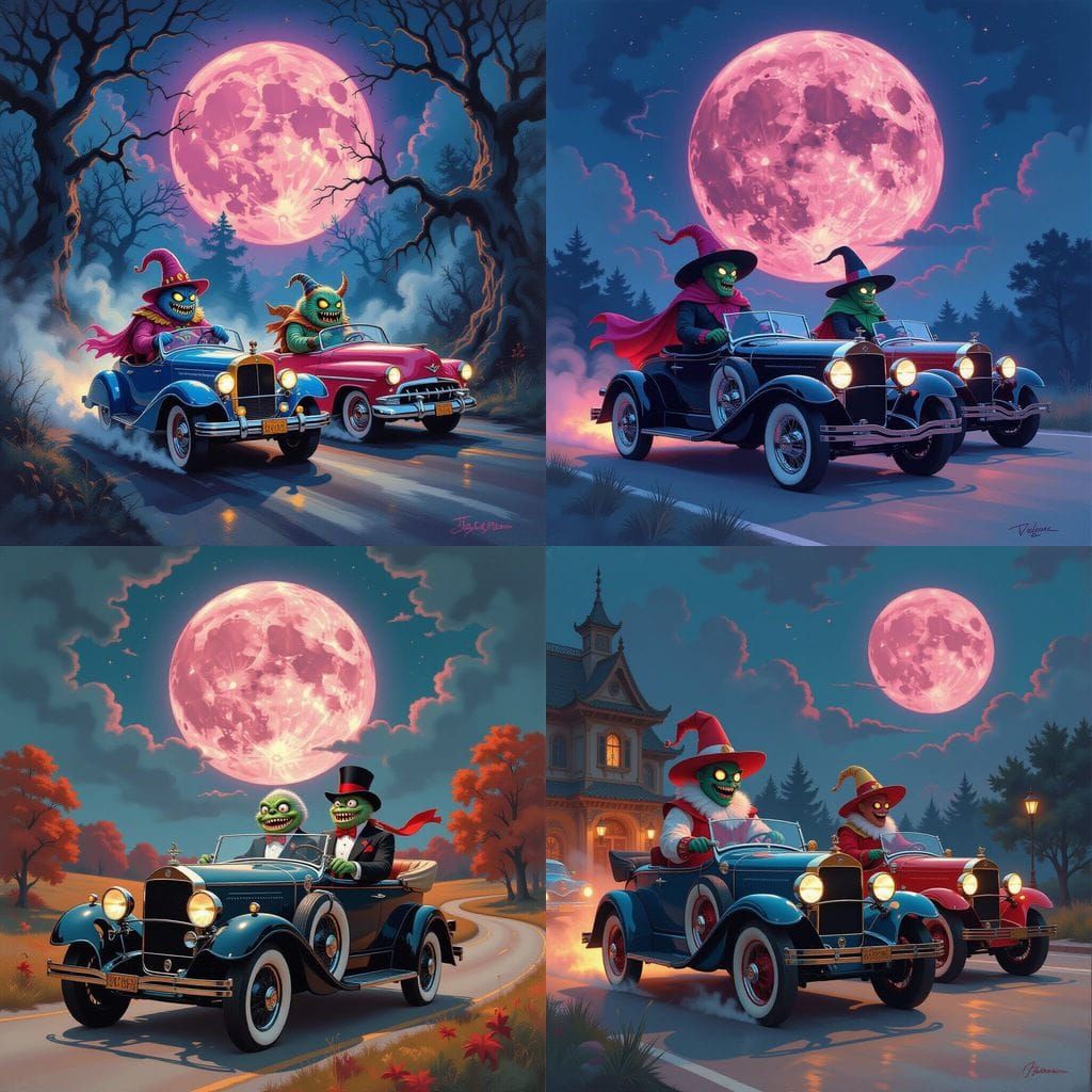 Monsters Drive to Halloween Party Under Pink Moon in Oil Pai...