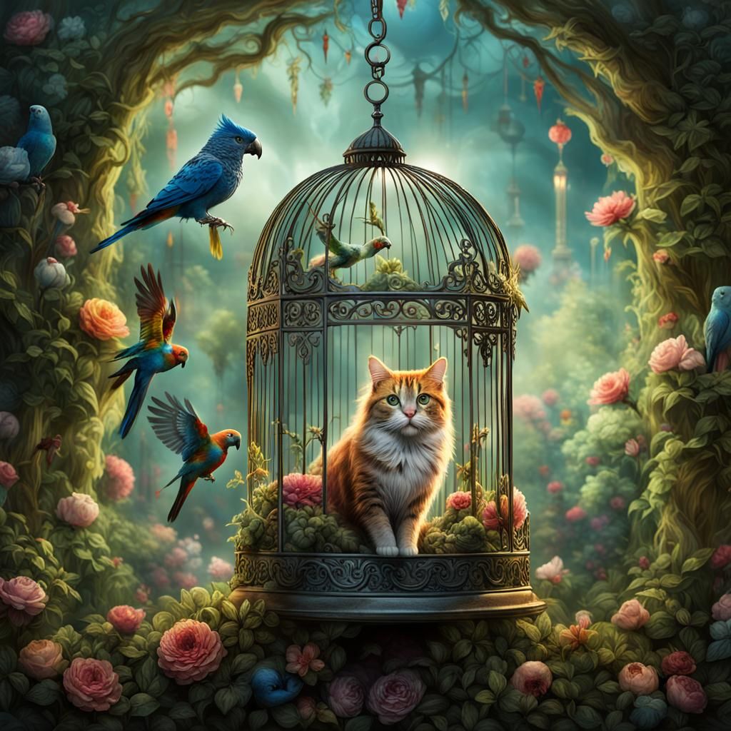 Miniature Cat in Birdcage in Fantasy Garden