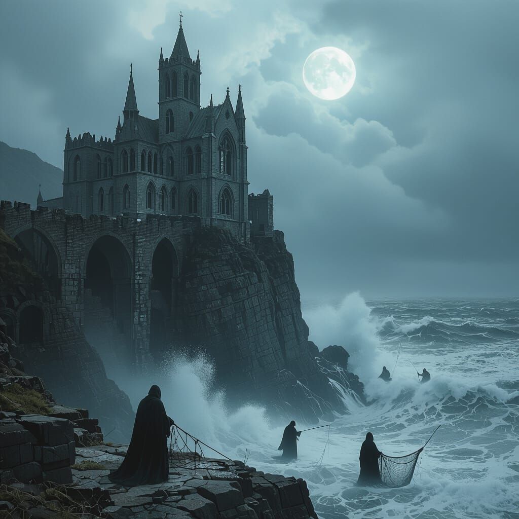 Gothic Monastery on Cliff Edge in Stormy Sea