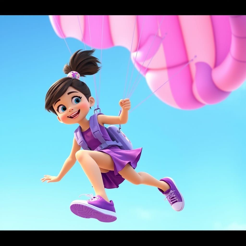 Girl Soaring with Parachute in Vibrant 3D Style