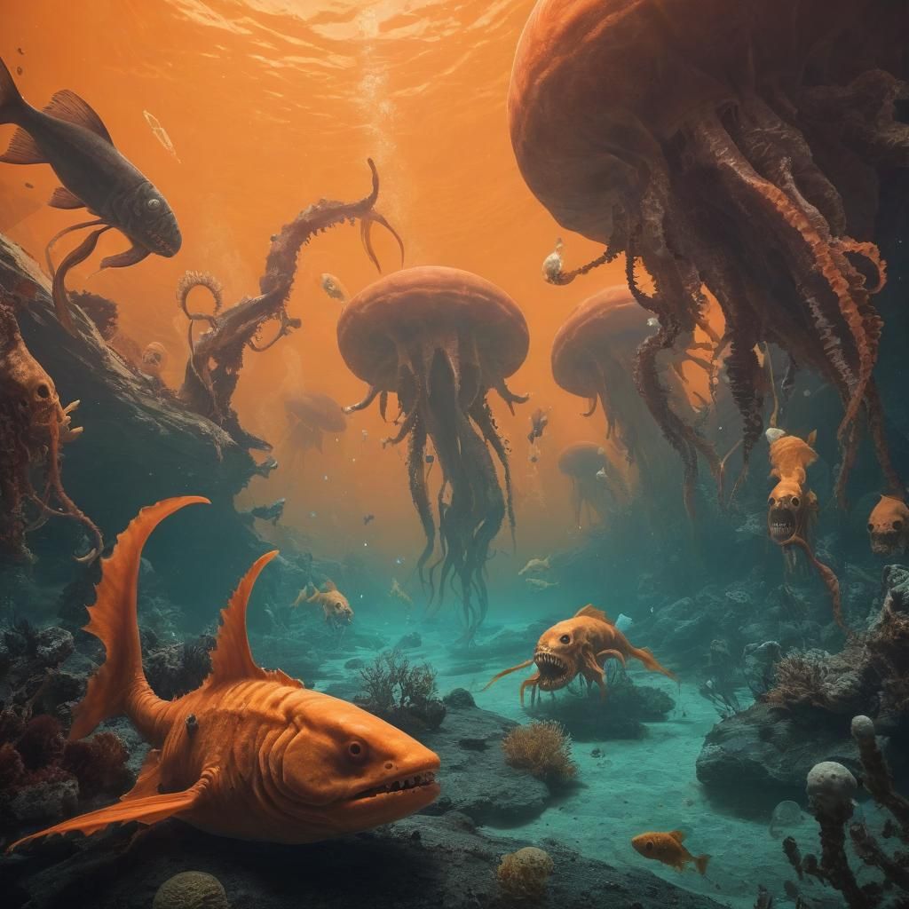 Alien Planet Underwater Scene with Tentacle Fish