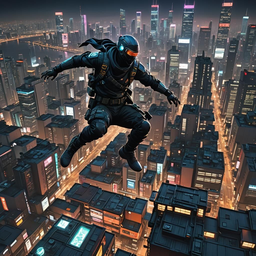 Cyberpunk Ninja Leaps in Neo Tokyo: 8K Art