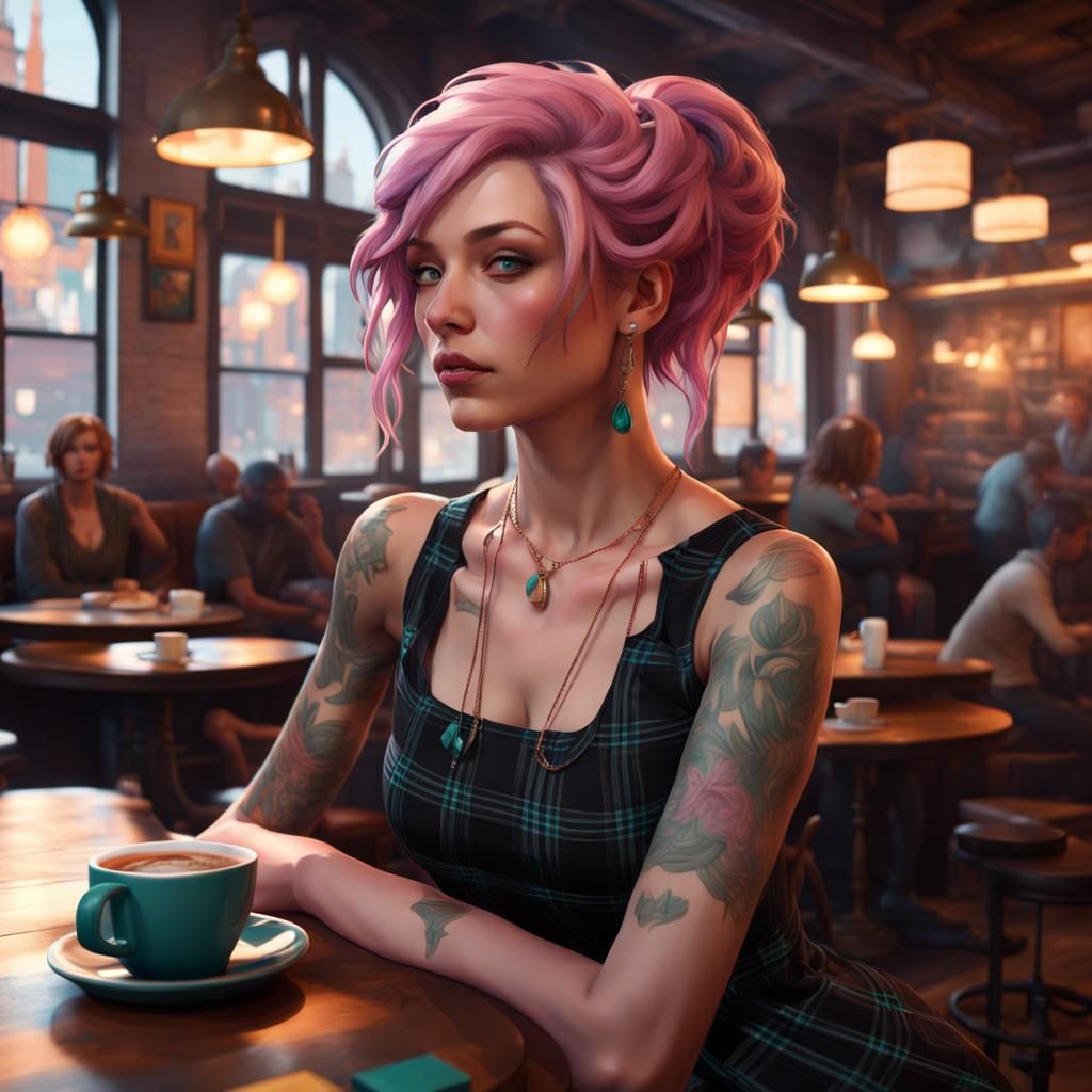 Pink-Haired Woman in Coffee Shop, Art Nouveau Style