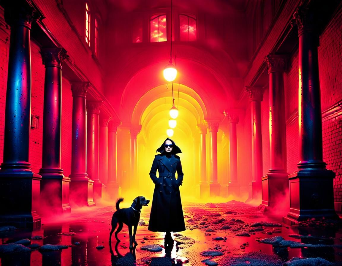 Gothic Robot in Polluted Coffee Shop with Lightning