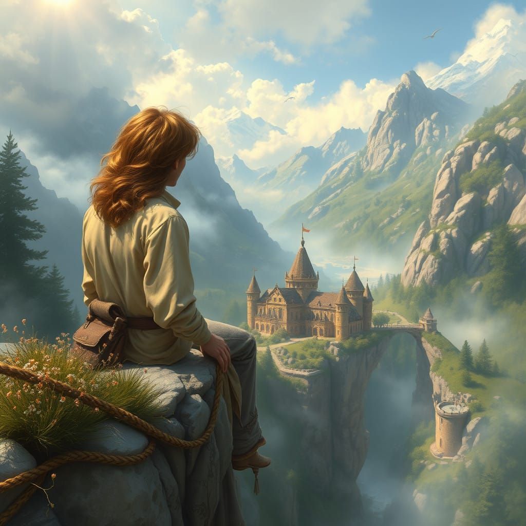 Warrior Contemplates Fantasy Village from Cliff in Ethereal...