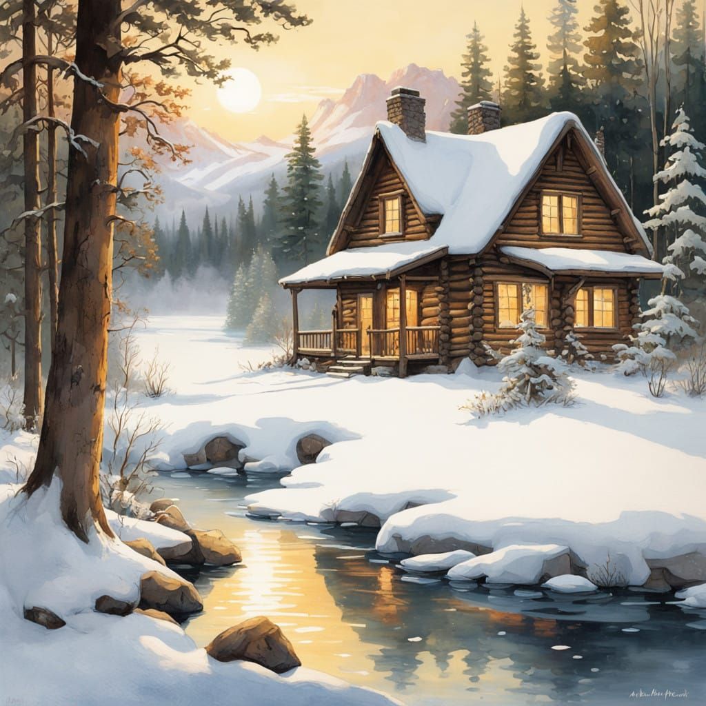 Snowy Log Cabin Amidst Winter Wonderland