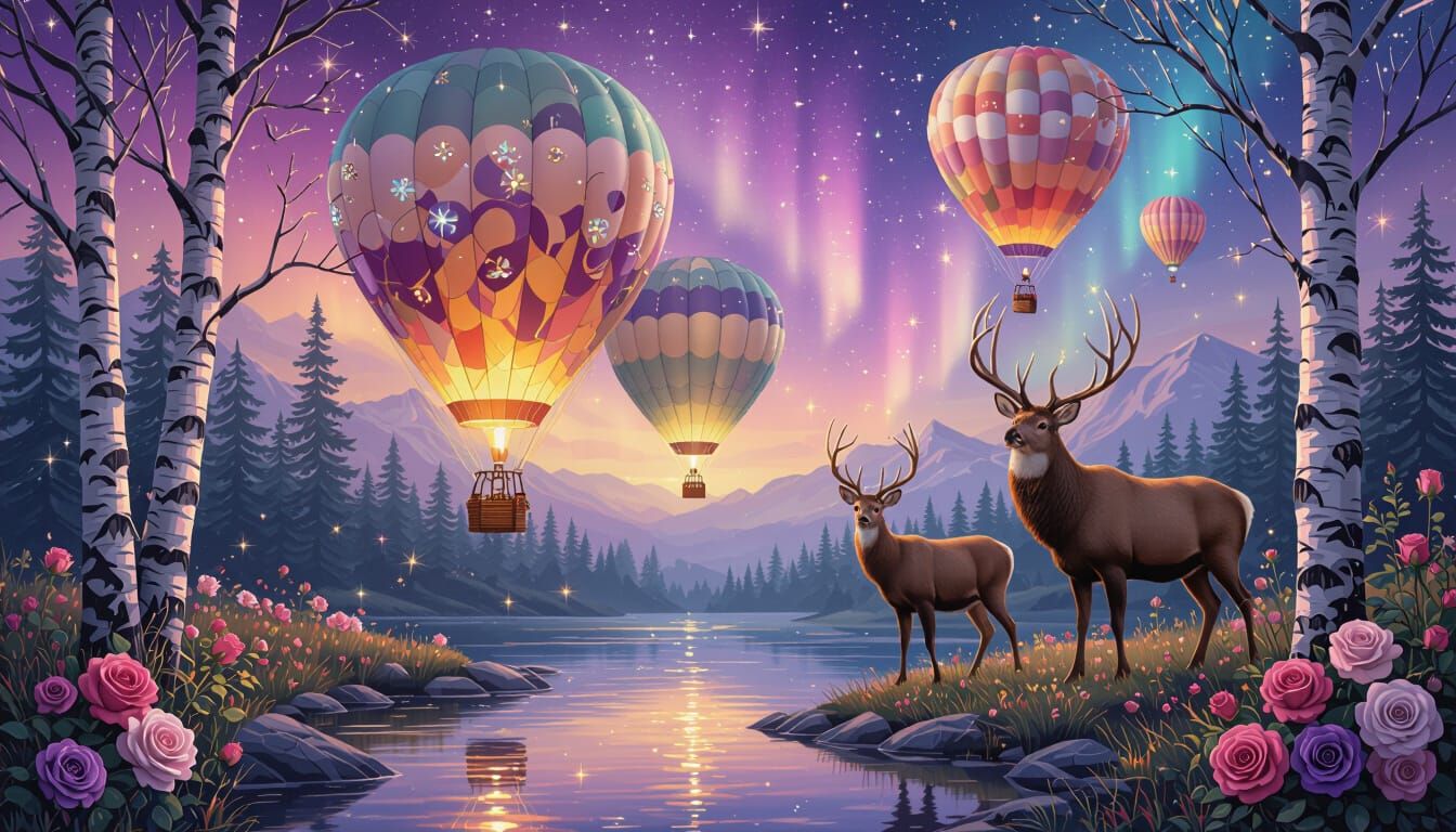 Hot Air Balloons with Northern Lights