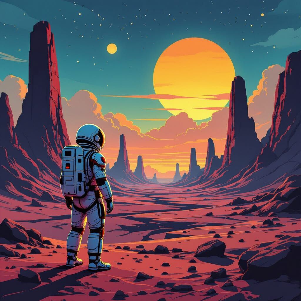 Astronaut on Alien World in Retro Sci-Fi Style