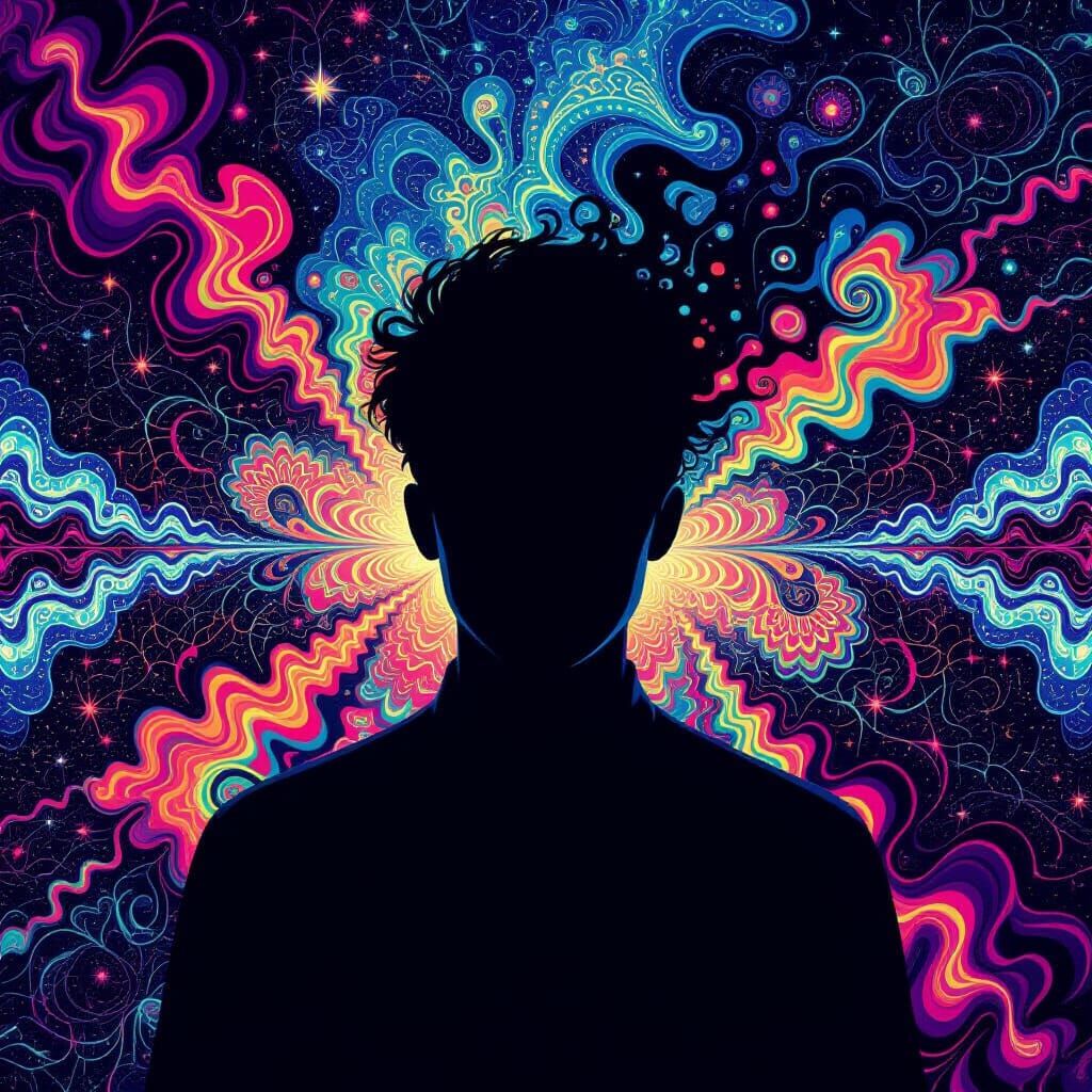 Psychedelic Silhouette Dissolving into Fractal Patterns