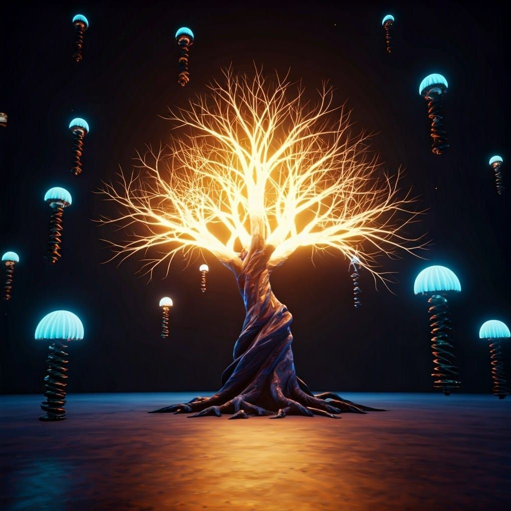 Mystical Glowing Tree Lamp in Surreal Room