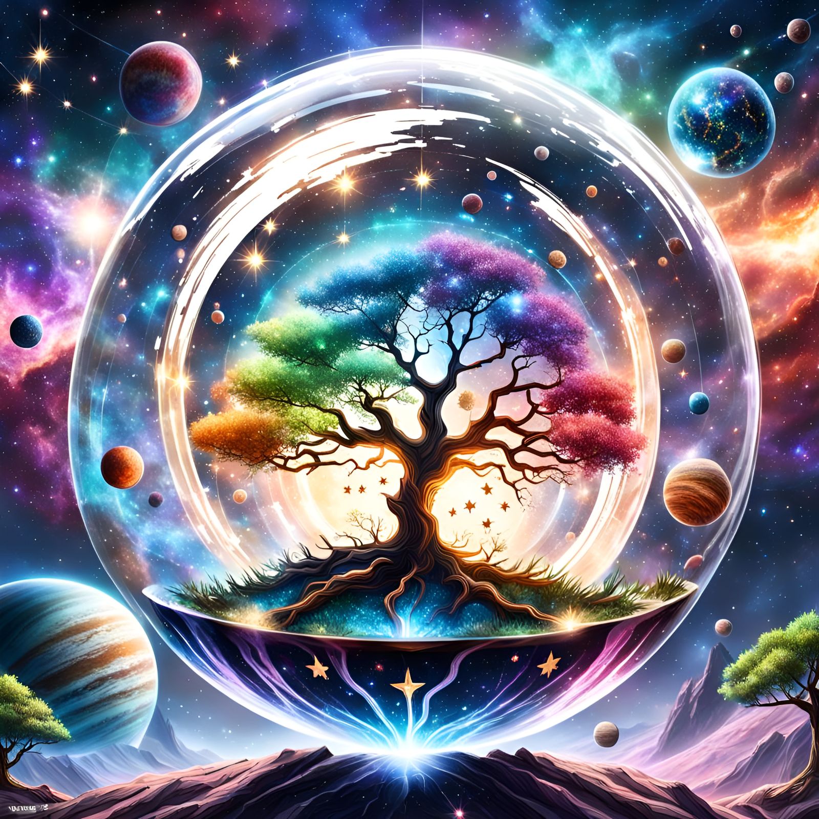 Glowing Tree in Orb with Nebulae Background