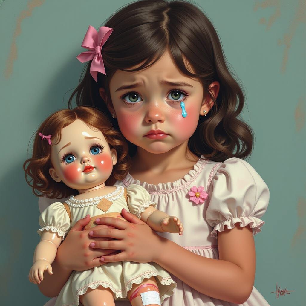 Sad Girl with Doll in Hyperrealistic Comic Art Style