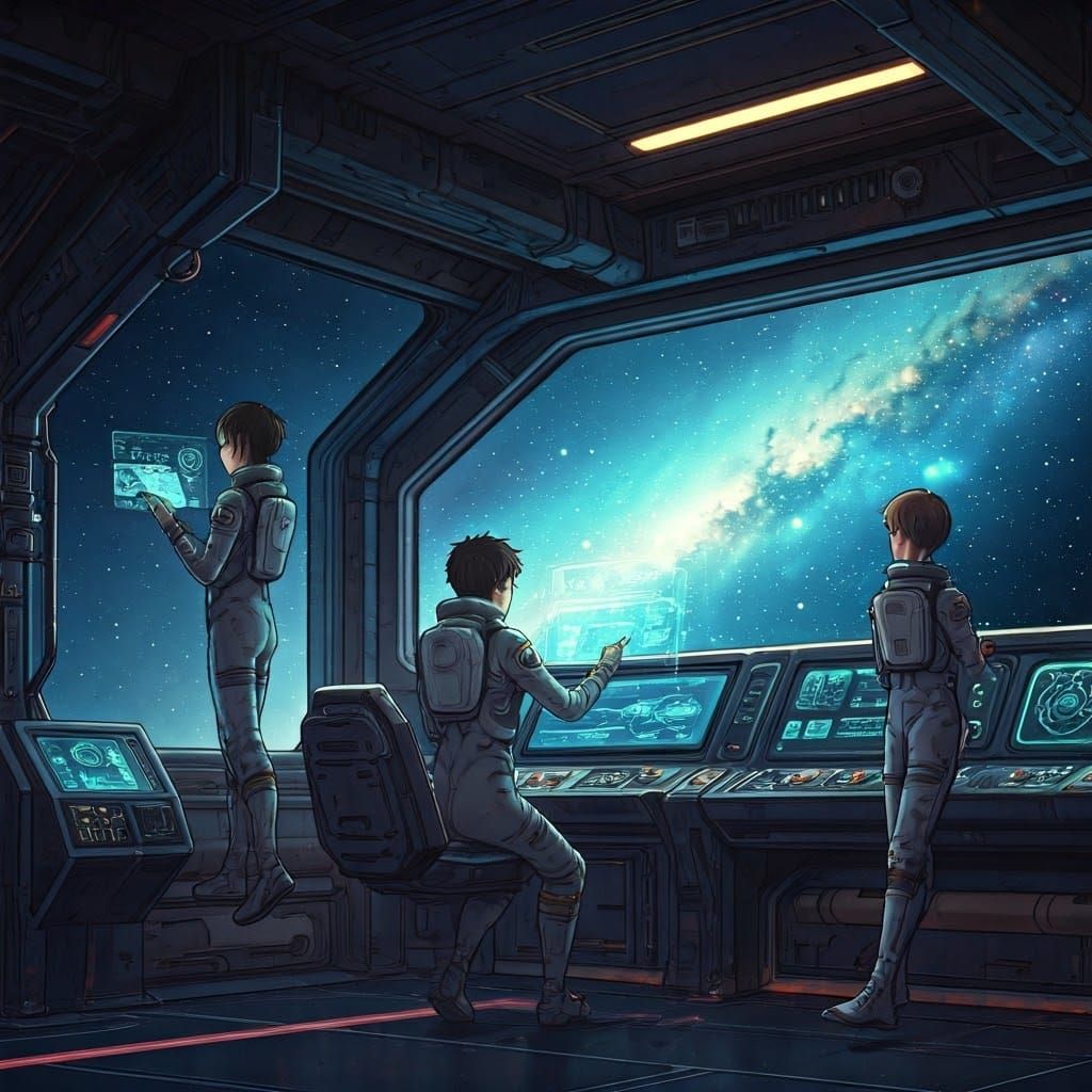 Astronauts on Interplanetary Ship in Anime Style