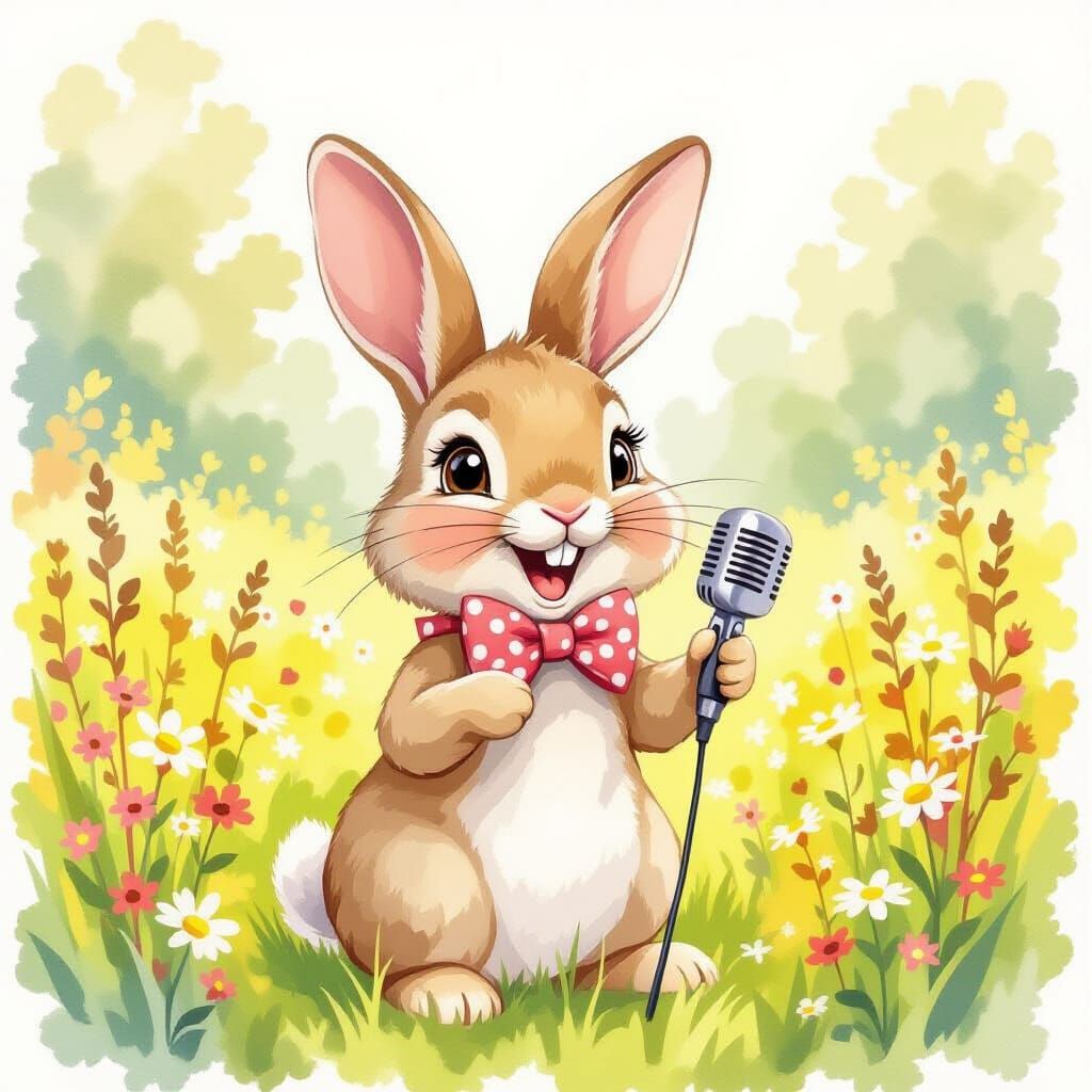 Charming Bunny Singer in Watercolor Meadow