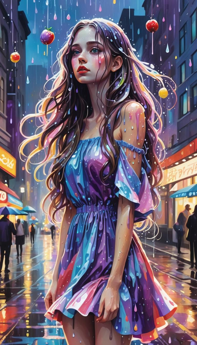 Girl in Rainy City Street with Art Nouveau Style