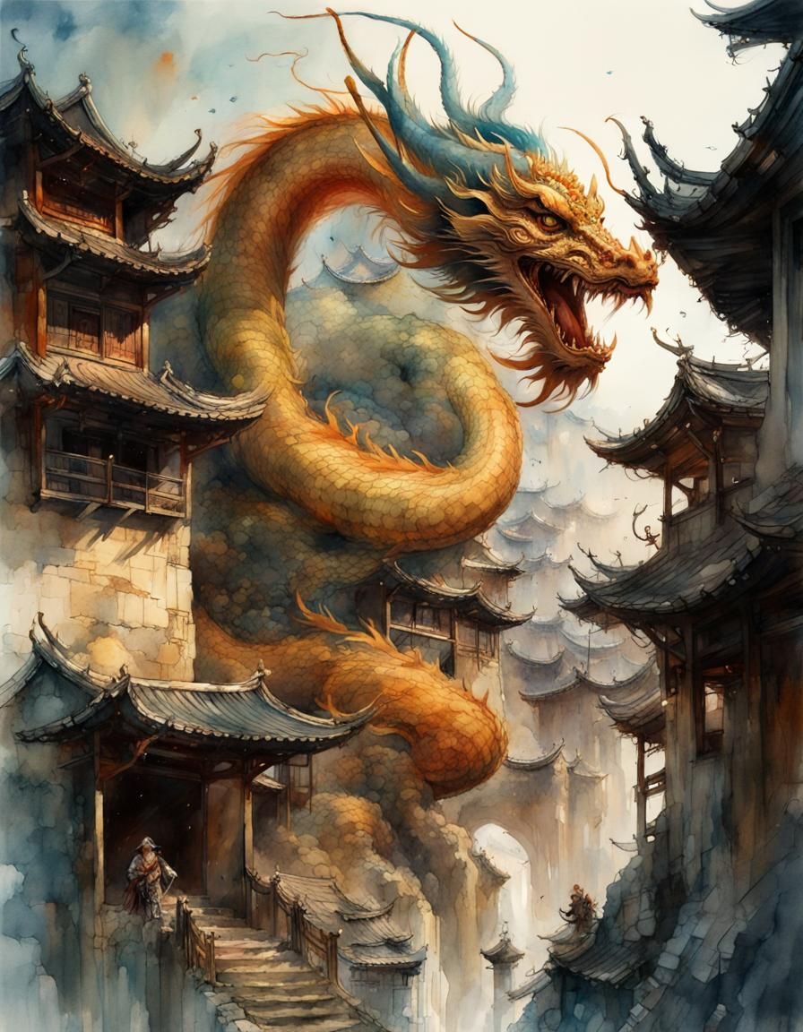 Chinese Dragon Over Ancient Village Watercolor Painting