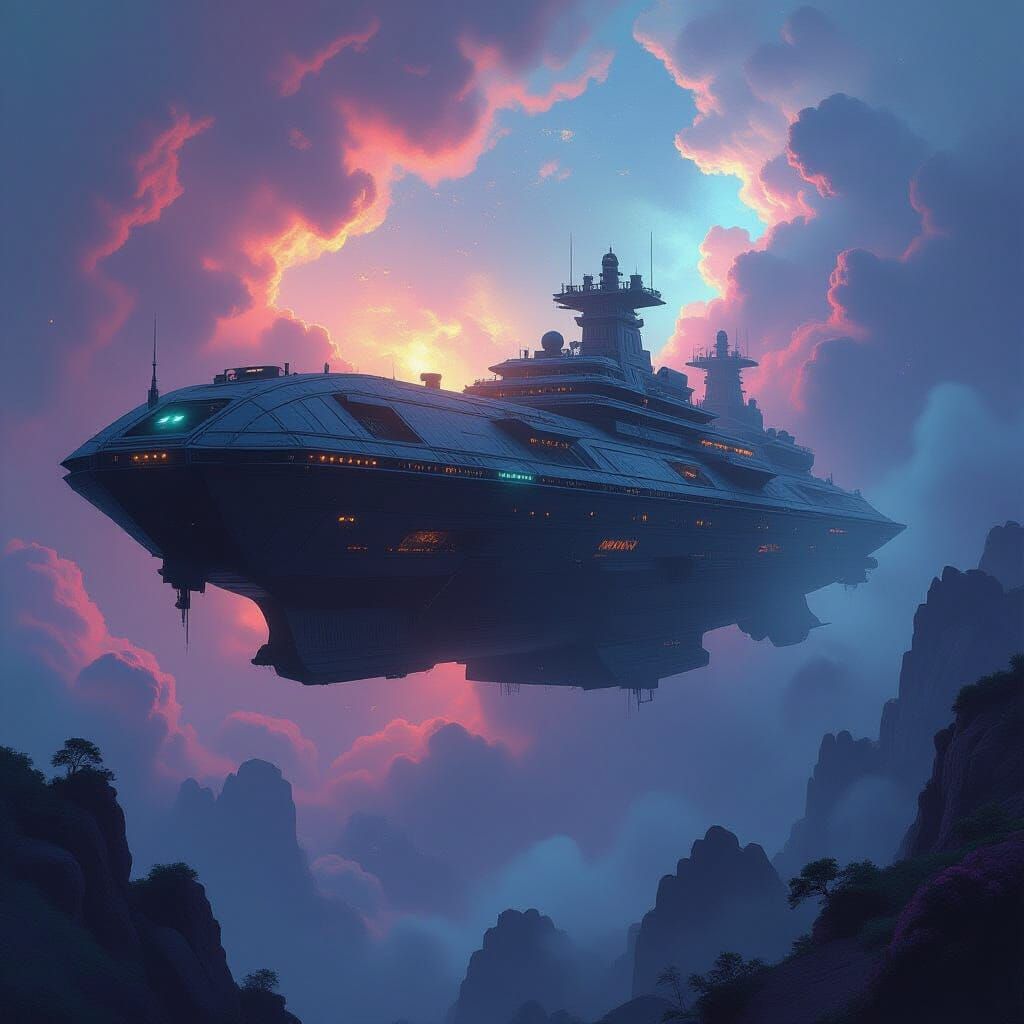 Derelict Spaceship in Bioluminescent Nebula Art