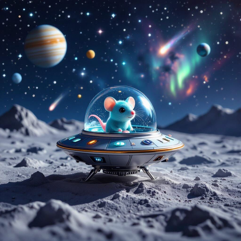 Miniature Alien Spaceship with Aqua Mouse on Moon