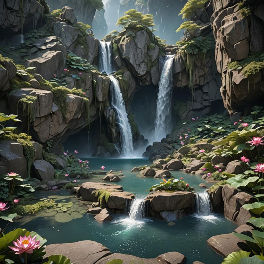 Waterfall and Lotus Flowers: Fantasy Concept Art