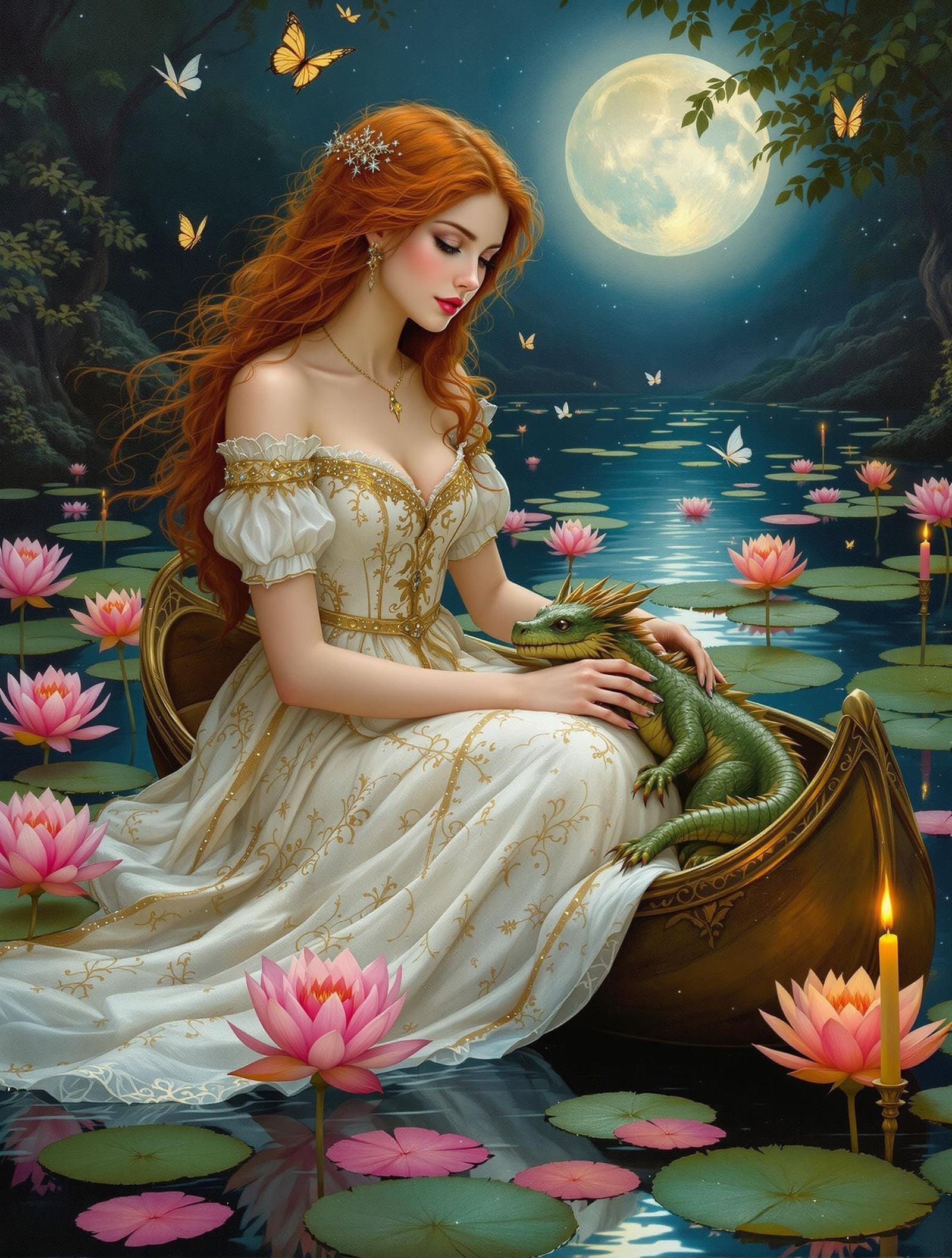 Medieval Woman in Enchanted Lake Scene, Pre Raphaelite Style