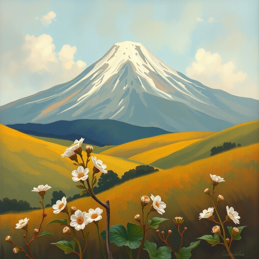 Surreal Summer Landscape with Blooming Cloudberry and Majest...
